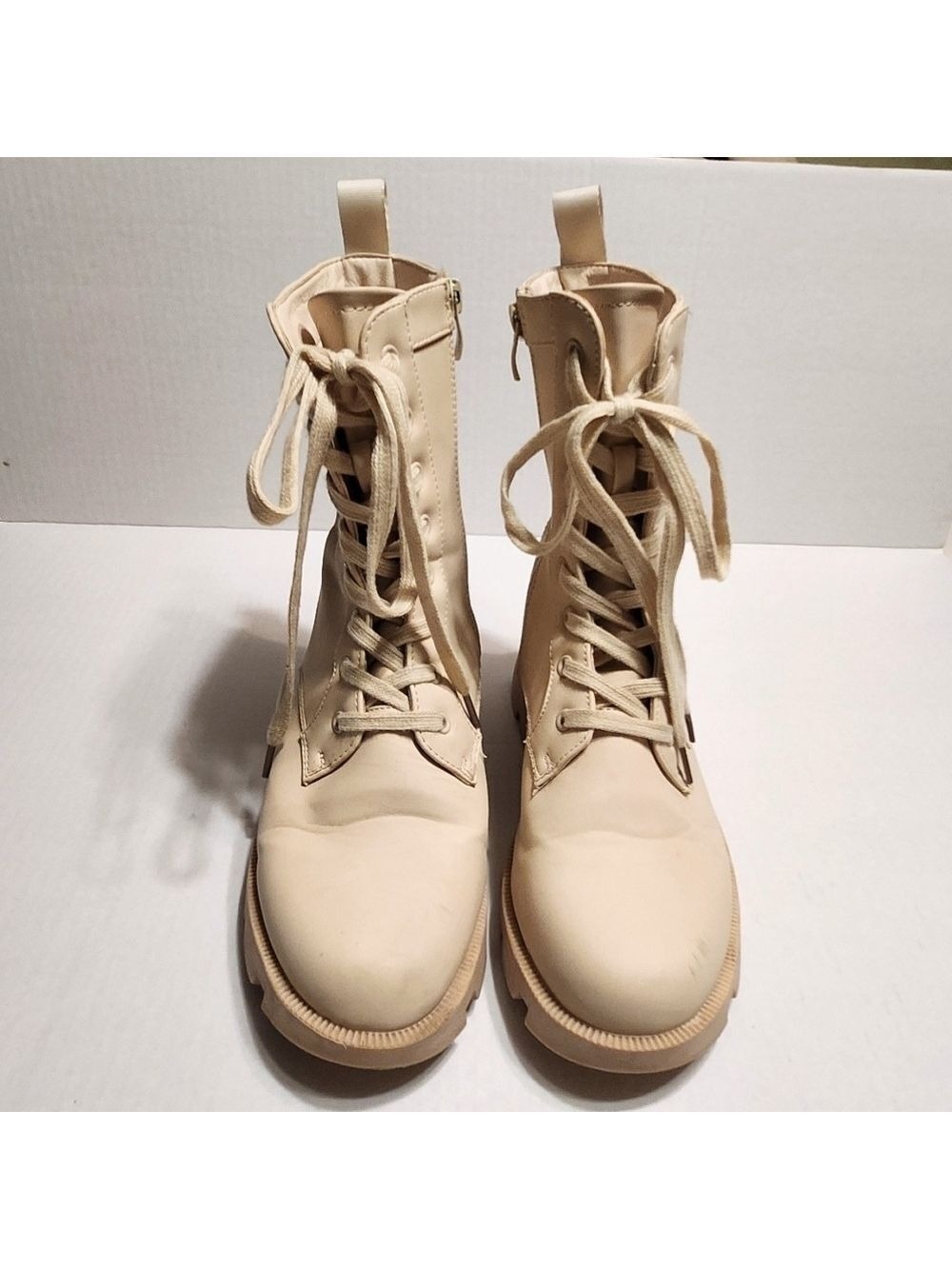 Faux Leather Lace Up Platform Ankle Combat Boots Cream Size 8 - Picture 4 of 11